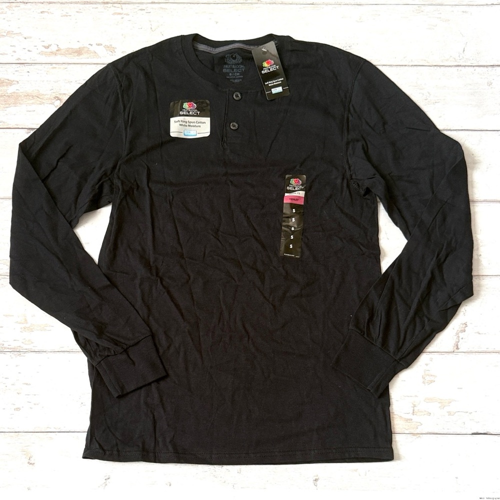 Mens S/M Black Henley Long Sleeve Shirt Fruit of the Loom Size Small 100% Cotton